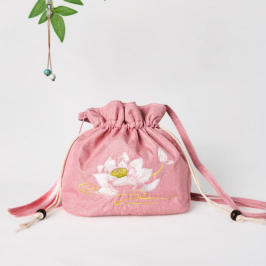 Buddhist Blessing Embroidered Light Pink Lotus Cotton Linen Crossbody Bag Shoulder Bag