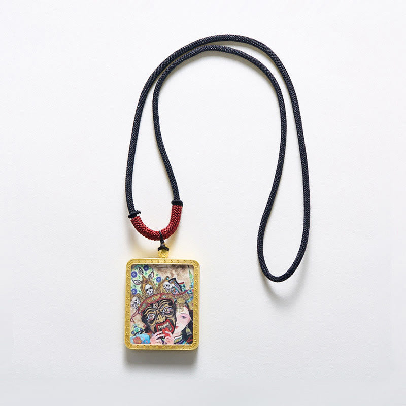 Buddhist Blessing Tibetan Zakiram Nine Tailed Fox Yellow God of Wealth Painted Thangka Hope Necklace Pendant