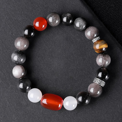 Buddhist Blessing Natural Silver Sheen Obsidian Tiger's Eye Six True Words 'Om Mani Padme Hum' Strength Bracelet