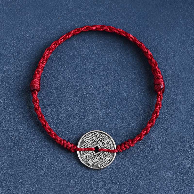 Buddhist Blessing 925 Sterling Silver Coin Protection Braided Bracelet Anklet