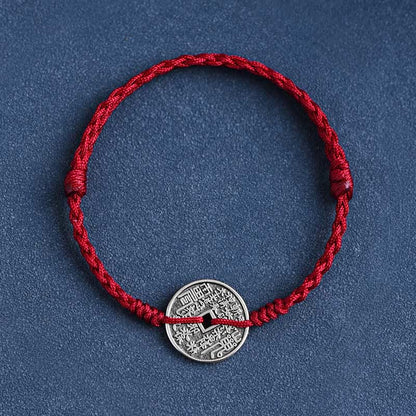 Buddhist Blessing 925 Sterling Silver Coin Protection Braided Bracelet Anklet