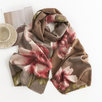 Buddhist Blessing Tibetan Shawl Artistic Style Hibiscus Syriacus Print Fall Winter Cozy Warm Scarf Wrap