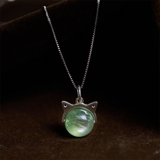 Buddhist Blessing 925 Sterling Silver Natural Green Lepidolite Cat Protection Necklace Pendant