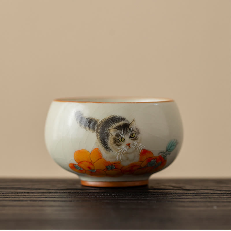 Buddhist Blessing Cute Persimmon Cat Teacup Kung Fu Tea Cup