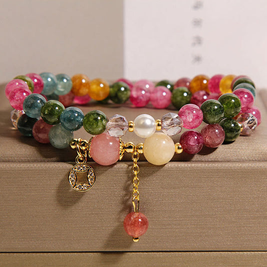 Buddhist Blessing Tourmaline Purple Jade Aquamarine Jade Copper Coin Positive Double Wrap Bracelet