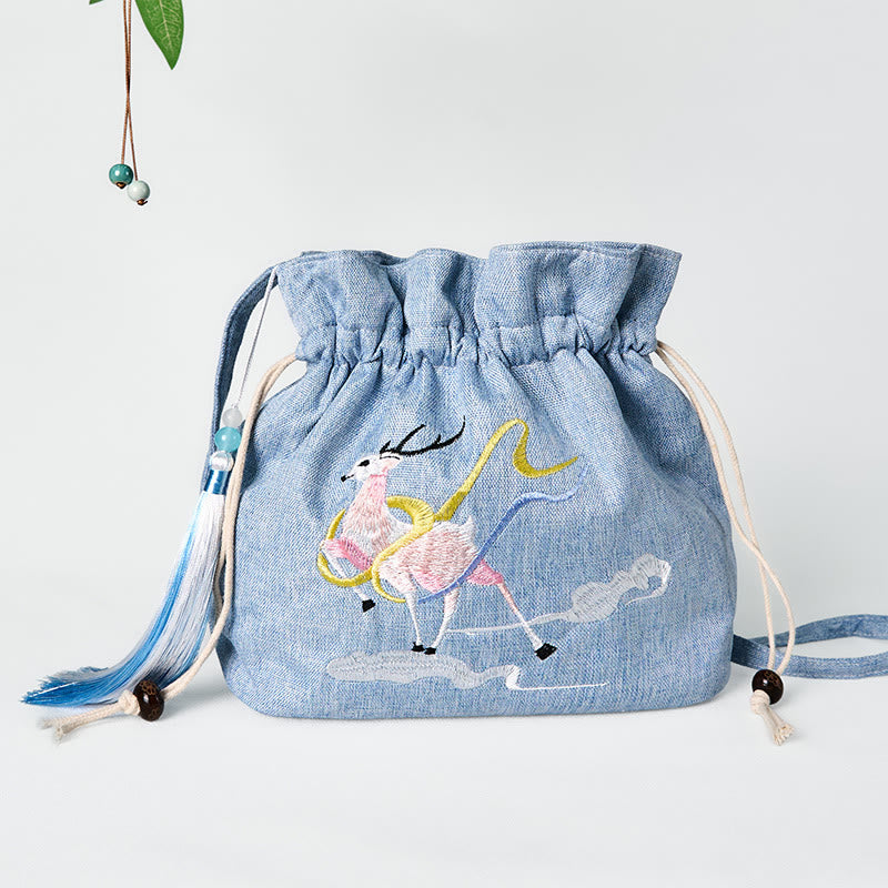 Buddhist Blessing Embroidered Light Blue Fairy Deer Auspicious Clouds Cotton Linen Crossbody Bag Shoulder Bag