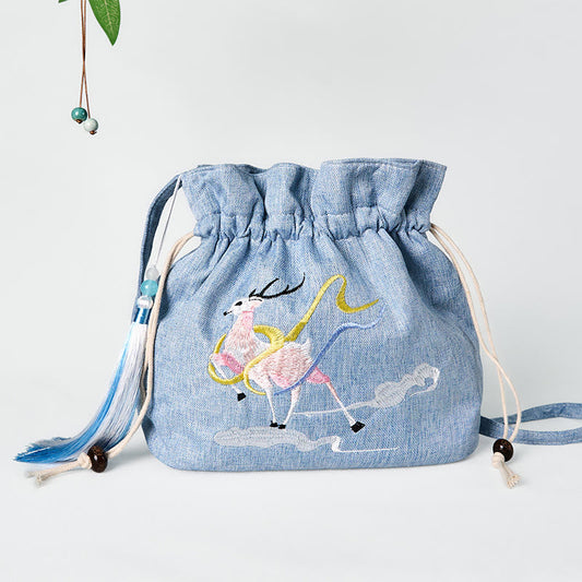 Buddhist Blessing Embroidered Light Blue Fairy Deer Auspicious Clouds Cotton Linen Crossbody Bag Shoulder Bag