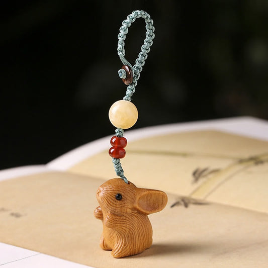 Buddhist Blessing Sandalwood Small Leaf Red Sandalwood Lucky Mini Rabbit Protection Key Chain Phone Hanging Decoration