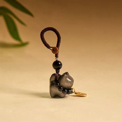 Buddhist Blessing Silver Sheen Obsidian Black Obsidian Gold Sheen Obsidian Cute Cat Fu Character Protection Key Chain Phone Hanging Decoration