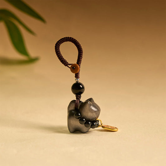 Buddhist Blessing Silver Sheen Obsidian Black Obsidian Gold Sheen Obsidian Cute Cat Fu Character Protection Key Chain Phone Hanging Decoration