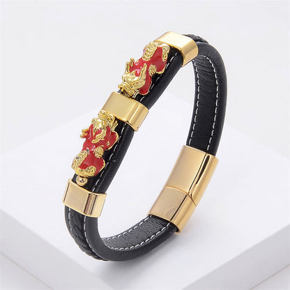 Buddhist Blessing Double PiXiu Wealth Luck Leather Magnetic Buckle Bracelet