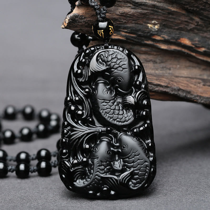 Buddhist Blessing Black Obsidian Koi Fish Engraved Strength Beaded Necklace Pendant