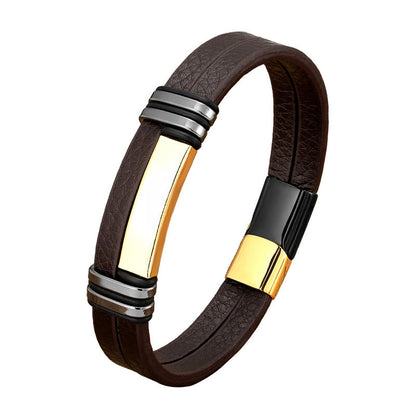 Buddhist Blessing Brown Leather Titanium Steel Buckle Balance Bracelet
