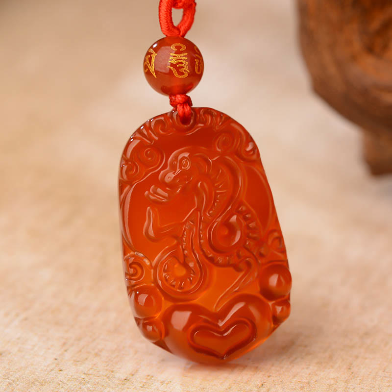 Buddhist Blessing Chinese Zodiac Red Agate Luck Necklace Pendant