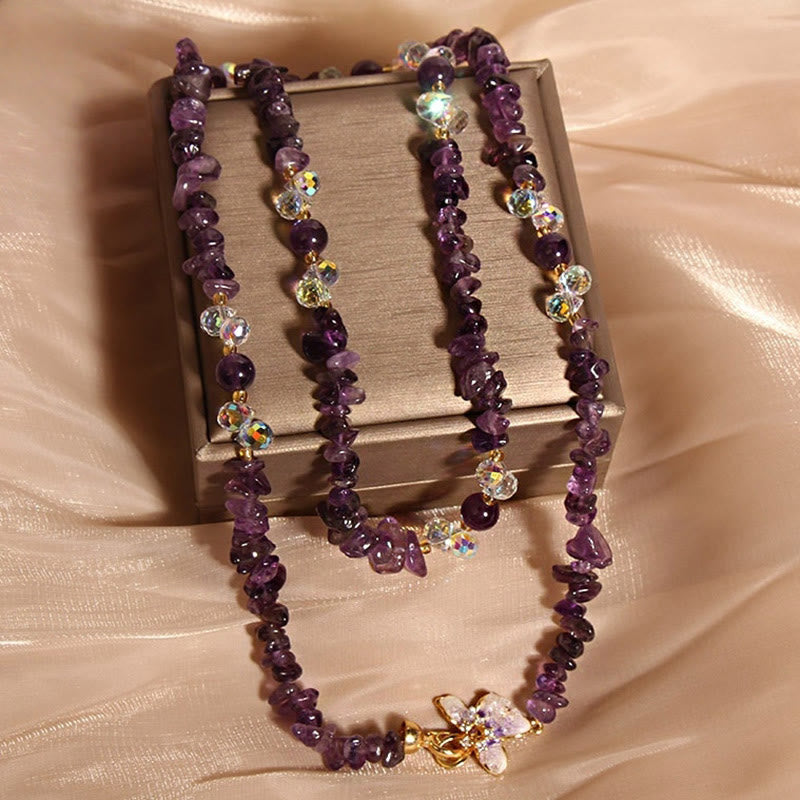 Buddhist Blessing Butterfly Flower Amethyst Strawberry Quartz Balance Necklace Pendant