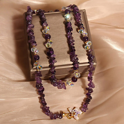 Buddhist Blessing Butterfly Flower Amethyst Strawberry Quartz Balance Necklace Pendant