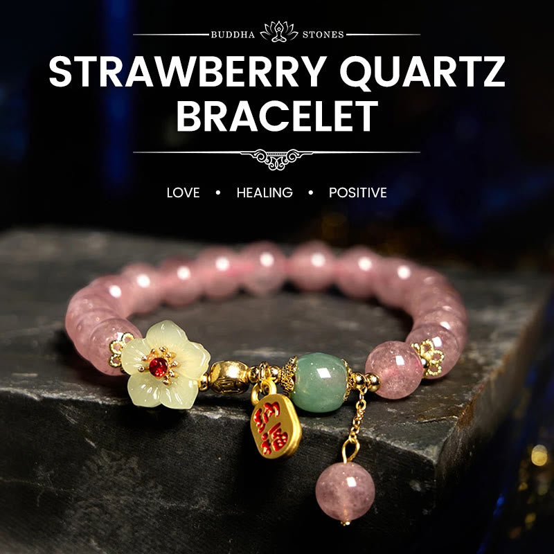 Buddhist Blessing Natural Strawberry Quartz Blossom Fu Character Positivity Healing Bracelet