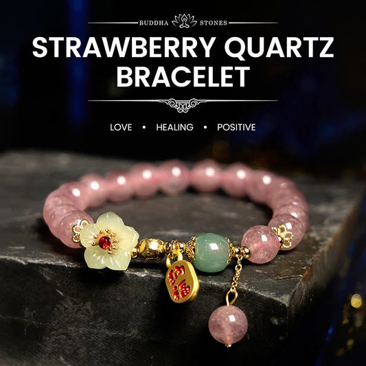 Buddhist Blessing Natural Strawberry Quartz Blossom Fu Character Positivity Healing Bracelet