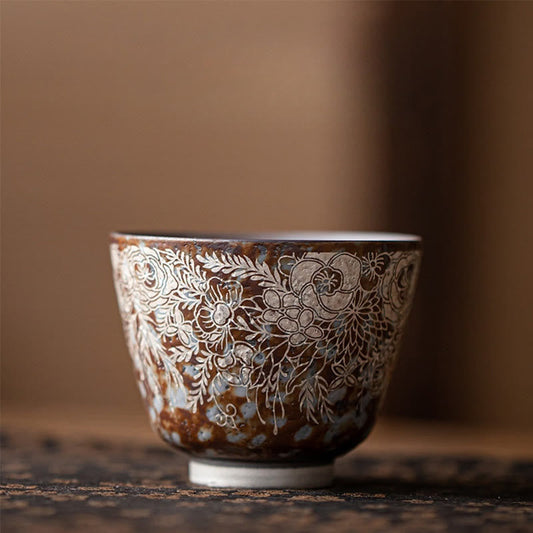 Buddhist Blessing Brown Flowers In Full Bloom Teacup Kung Fu Tea Cup 100ml With Gift Box