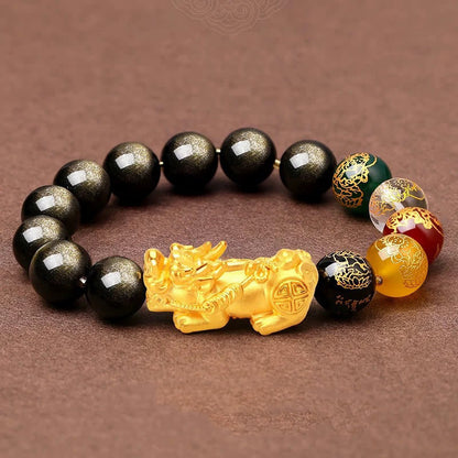 Buddhist Blessing Natural Gold Sheen Obsidian PiXiu Five Directions Gods of Wealth Protection Bracelet