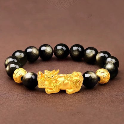 Buddhist Blessing Natural Gold Sheen Obsidian PiXiu Om Mani Padme Hum Wealth Bracelet