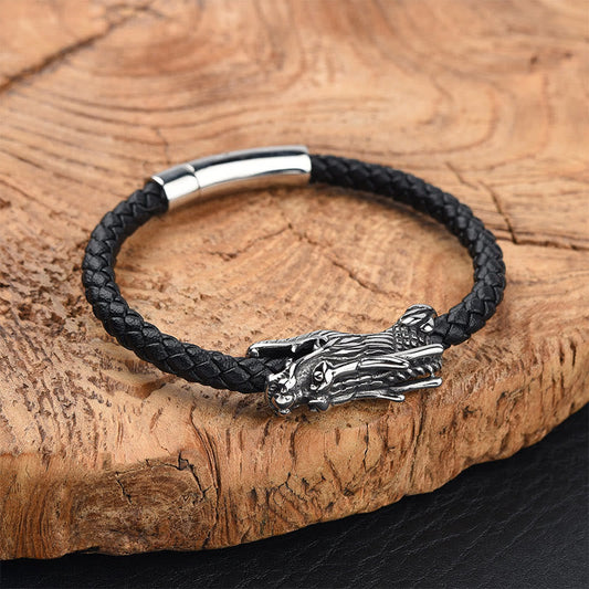 Buddhist Blessing Dragon Leather Titanium Steel Strength Buckle Bracelet