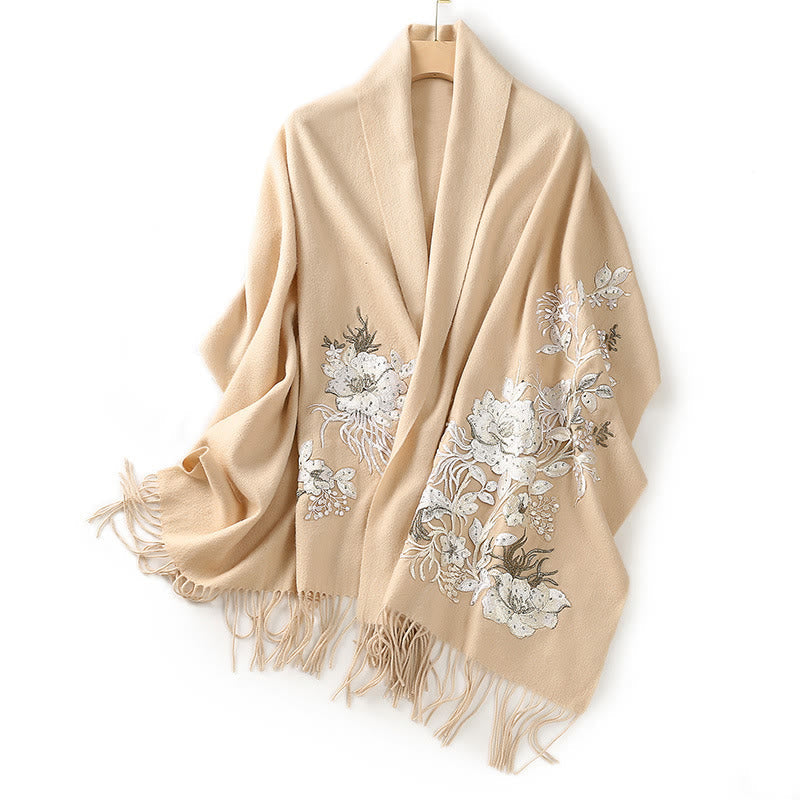 Buddhist Blessing Wool Shawl White Orange Flower Embroidery Tassel Winter Cozy Travel Scarf Wrap