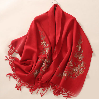 Buddhist Blessing Wool Shawl Flowers Leaves Embroidery Tassel Winter Cozy Travel Scarf Wrap