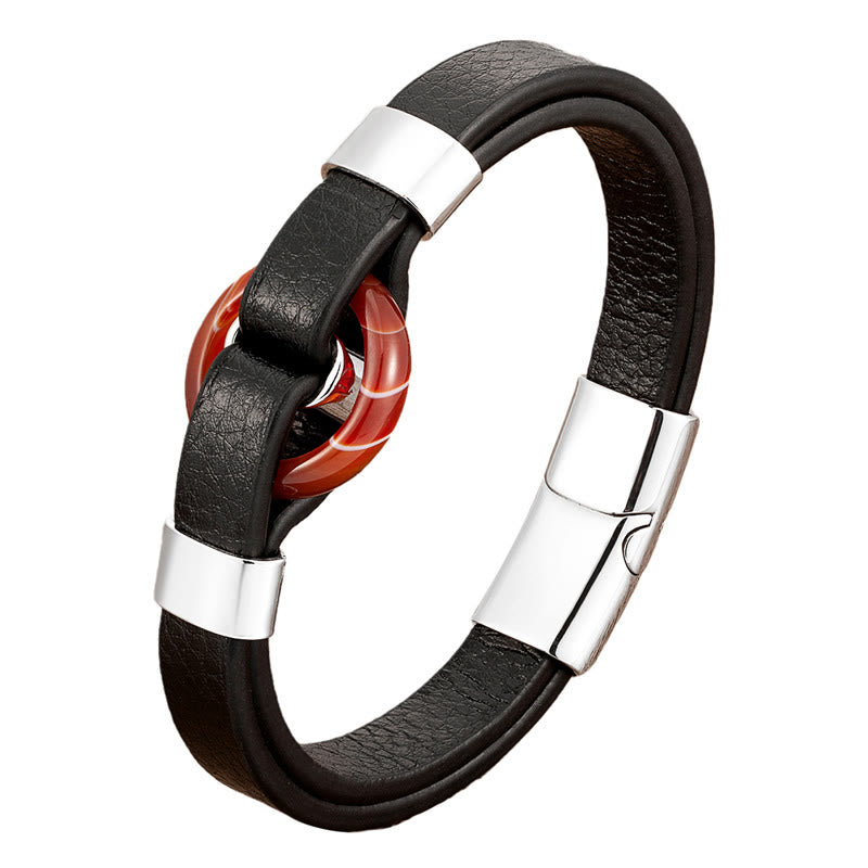 Buddhist Blessing Round Green Aventurine Black Onyx Hematite Agate Rose Quartz Stone Balance Leather Magnetic Buckle Bracelet