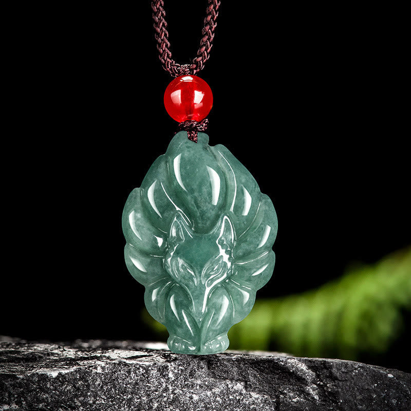 Buddhist Blessing Natural Green Jade Nine Tailed Fox Luck Necklace Pendant
