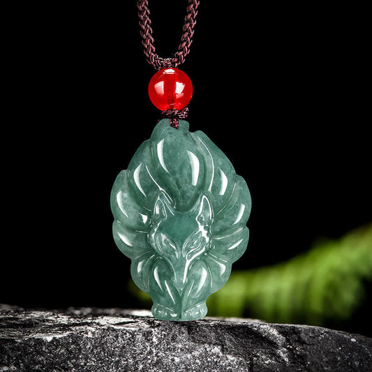 Buddhist Blessing Natural Green Jade Nine Tailed Fox Luck Necklace Pendant