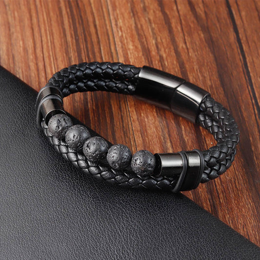 Buddhist Blessing Lava Rock Frosted Stone Healing Leather Magnetic Buckle Bracelet