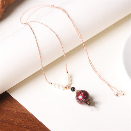 Buddhist Blessing Ebony Wood Aurora Lacquer Craft Bead Pearl Balance Necklace Pendant