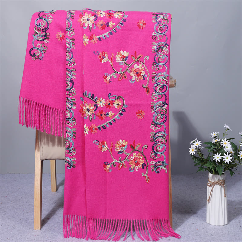Buddhist Blessing Polyester Shawl Colorful Flower Ethnic Style Embroidery Tassel Winter Cozy Travel Scarf Wrap