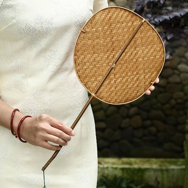 Buddhist Blessing Chinese Style Handmade Bamboo Woven Oval Round Banana Conical Shape Long Handle Fan