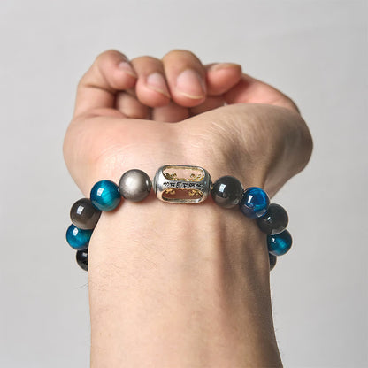 Buddhist Blessing Natural Silver Sheen Obsidian Blue Tiger Eye Om Mani Padme Hum Soothing Bracelet