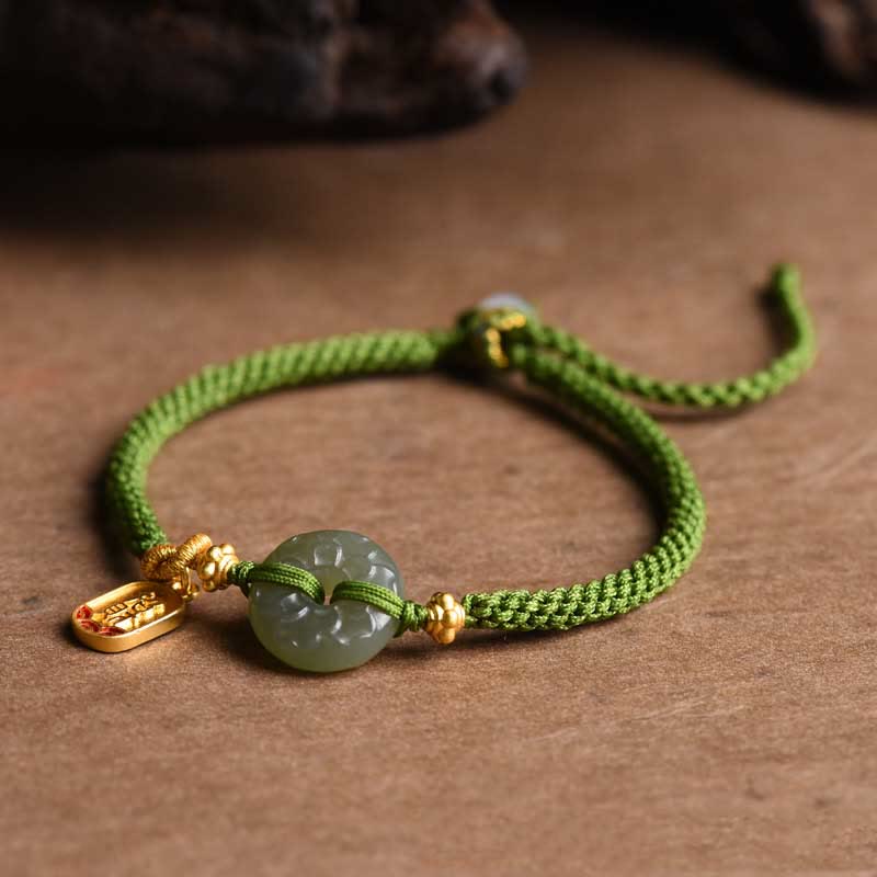 Buddhist Blessing Green Jade Peace Buckle Green Rope Bracelet