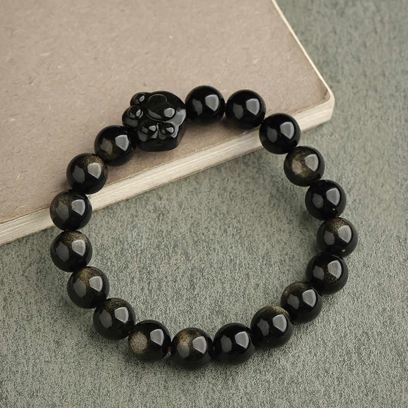 Buddhist Blessing Gold Sheen Obsidian Silver Sheen Obsidian Lovely Paw Lucky Cat Protection Bracelet