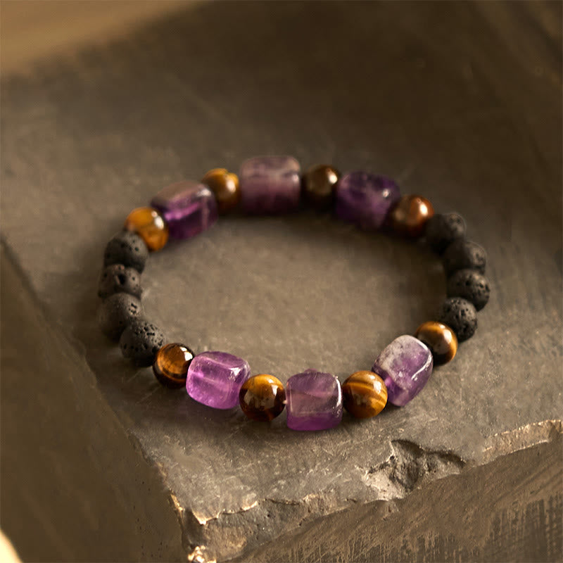 Buddhist Blessing Various Crystals Cube Amethyst Lava Rock Support Bracelet