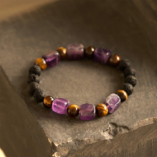 Buddhist Blessing Various Crystals Cube Amethyst Lava Rock Support Bracelet