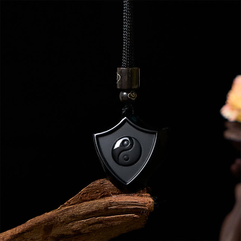 Buddhist Blessing Black Obsidian Shield Pattern Yin Yang Symbol Strength Necklace Pendant