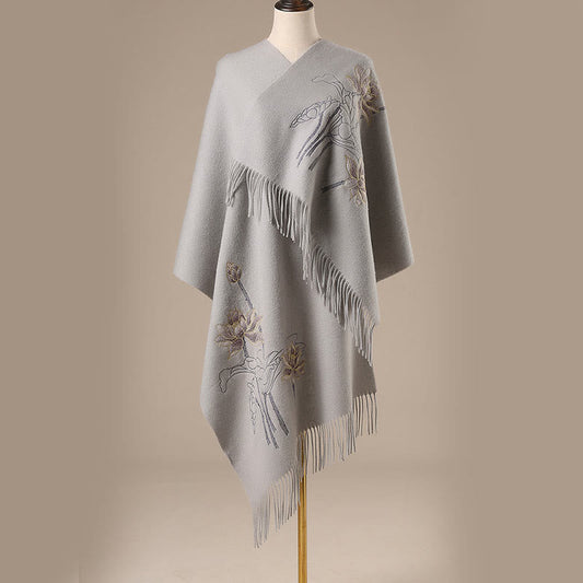 Buddhist Blessing Wool Shawl Lotus Embroidery Tassel Winter Cozy Travel Scarf Wrap