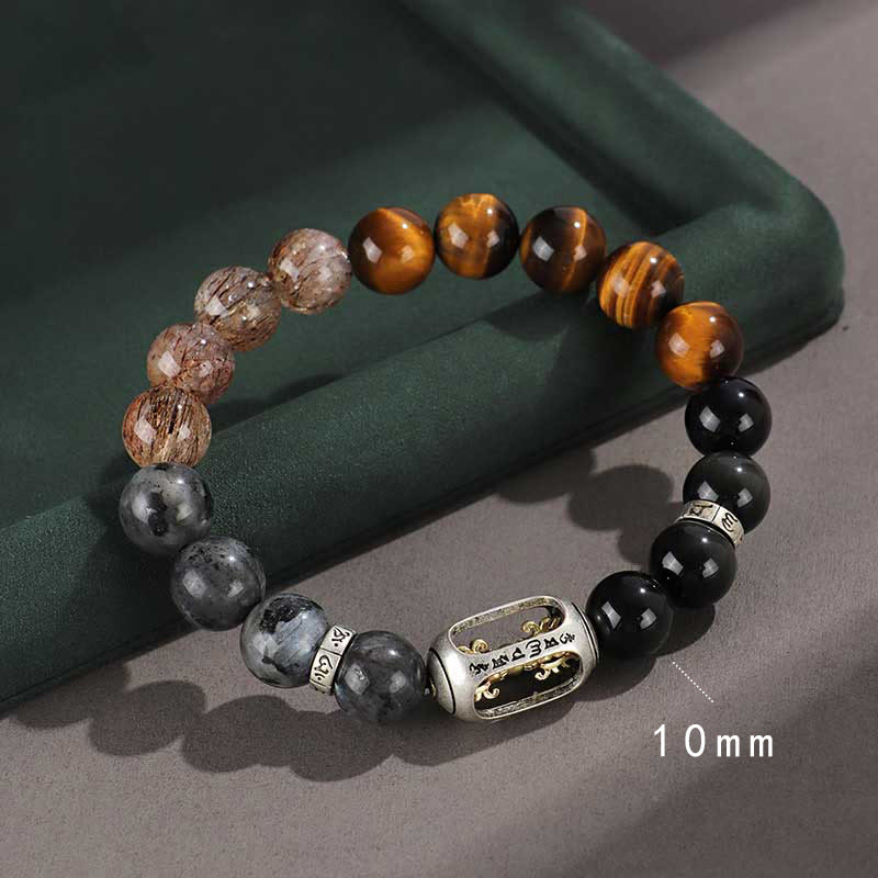 Buddhist Blessing 925 Sterling Silver Black Onyx Gold Sheen Obsidian Lava Rock Tiger Eye Six True Words Wealth Protection Bracelet