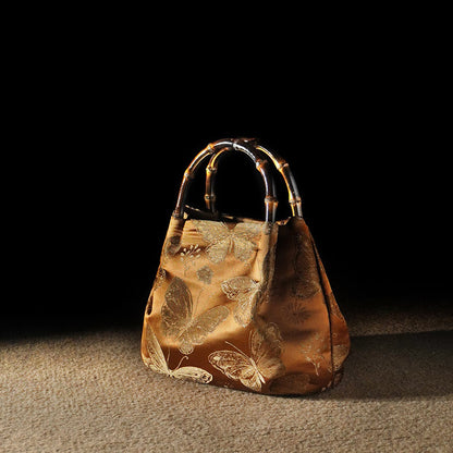 Buddhist Blessing Jacquard Flowers Butterfly Bamboo Handle Metal Chain Crossbody Bag Hangbags