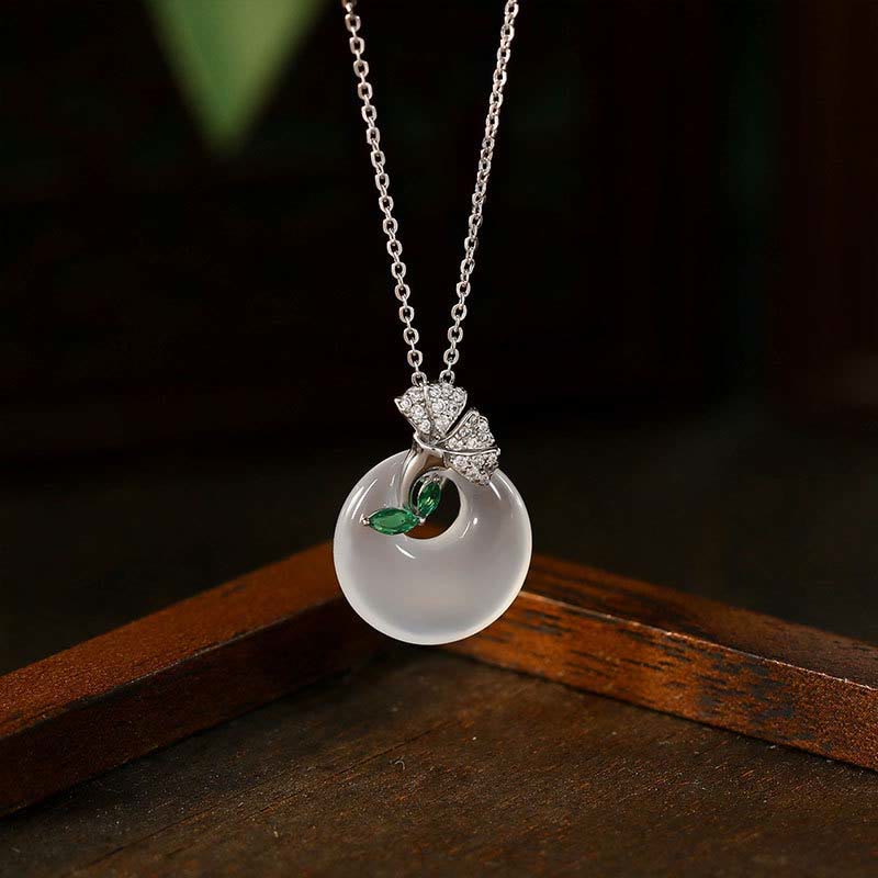 Buddhist Blessing Natural Chalcedony Ginkgo Leaf Peace Buckle Harmony Necklace Pendant