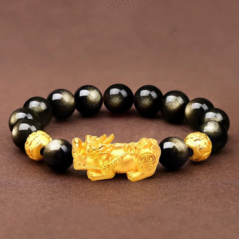 Buddhist Blessing Natural Gold Sheen Obsidian PiXiu Om Mani Padme Hum Wealth Bracelet