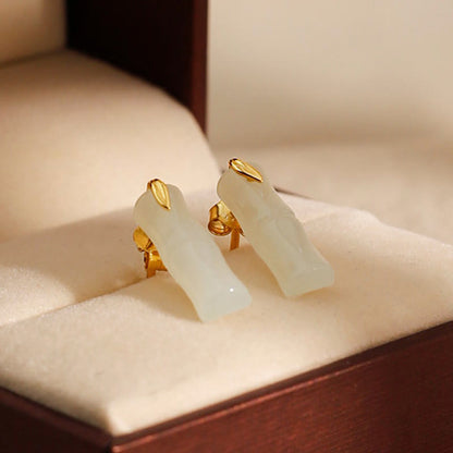 Buddhist Blessing Bamboo Hetian Jade 925 Sterling Silver Leaf Wealth Earrings