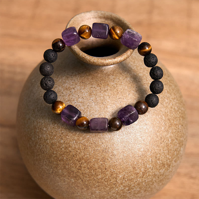 Buddhist Blessing Various Crystals Cube Amethyst Lava Rock Support Bracelet