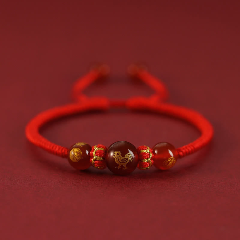 Buddhist Blessing Handmade Red Agate Chinese Zodiac Red String Braided Protection Bracelet