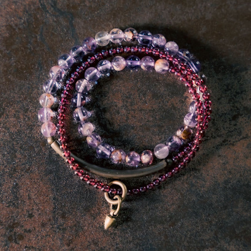 Buddhist Blessing Retro 6mm Amethyst 4mm Garnet Multilayer Balance Bracelet